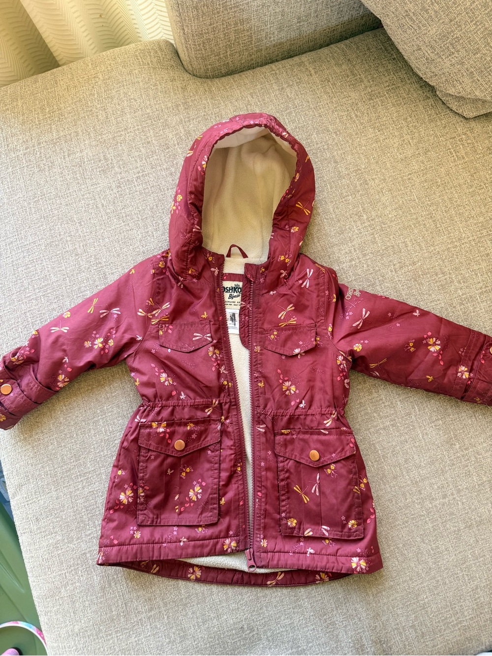 Kids Floral Hooded Winter Jacket - Burgundy